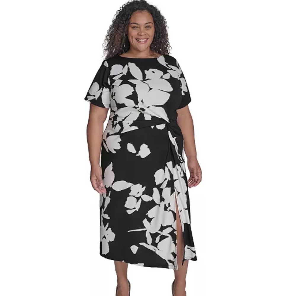 DKNY Floral Twist Waist Midi Dress Womens 20W New Matte Jersey MSRP $139